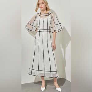 Ming Wang Modern Fit Organza Contrast Stripe A-Line Midi Dress